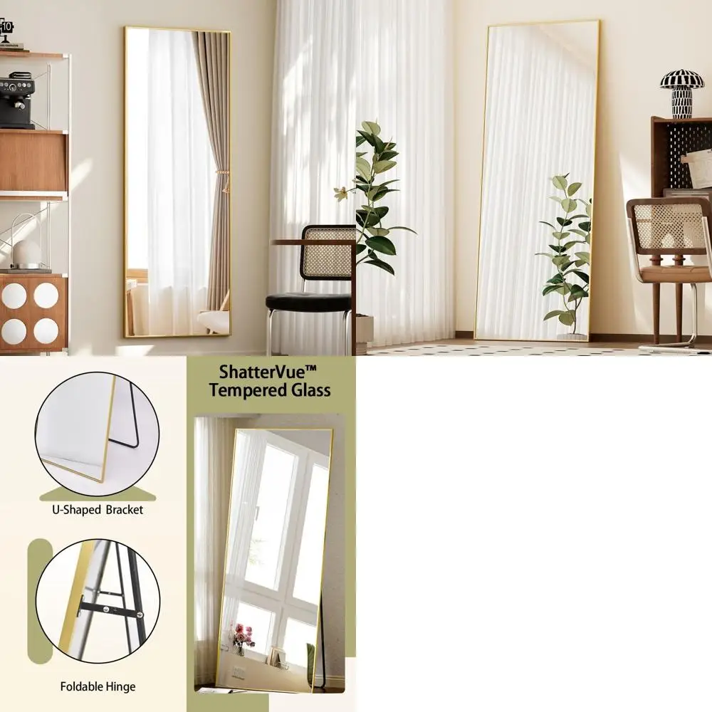 

56 x 21 Floor Mirror with Stand, Shatter-Resistant Tempered Glass, Gold Finish for Living Room