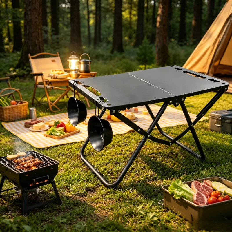 

Foldable Tactical Picnic Table, Black Green Available, Hollow Hangable Edge for Outdoor Camping Beach Sand Use
