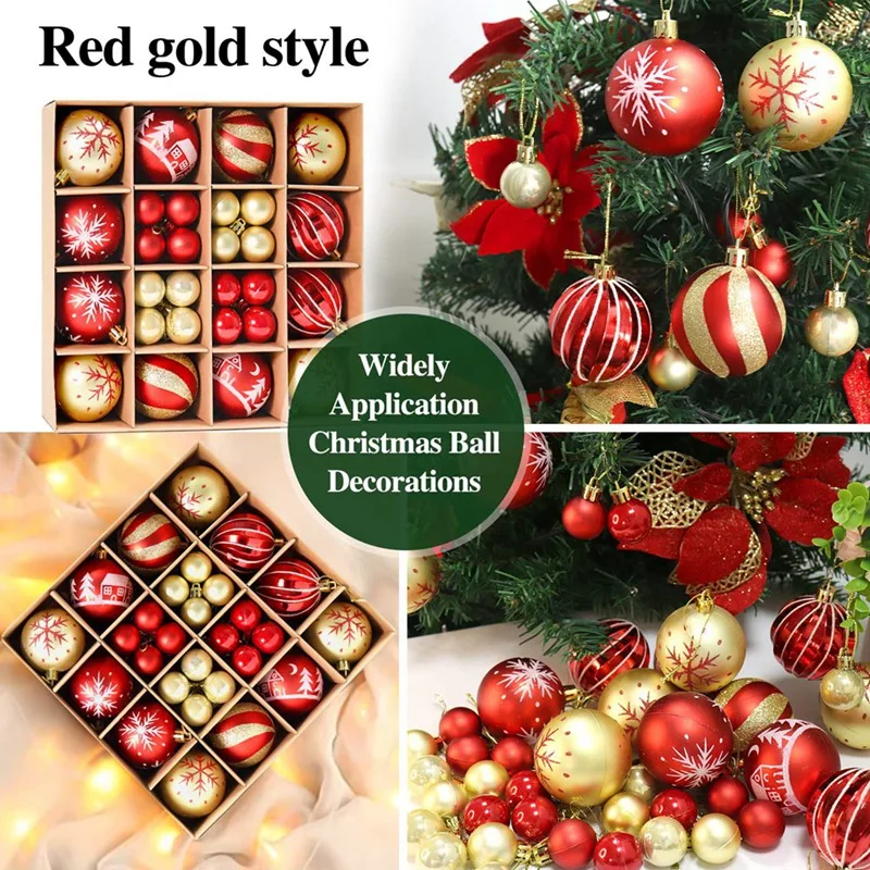 44Pcs Christmas Balls Ornaments For Xmas Christmas Tree - Red & Gold 2 Sizes Christmas Tree Ornaments Balls With Glitter