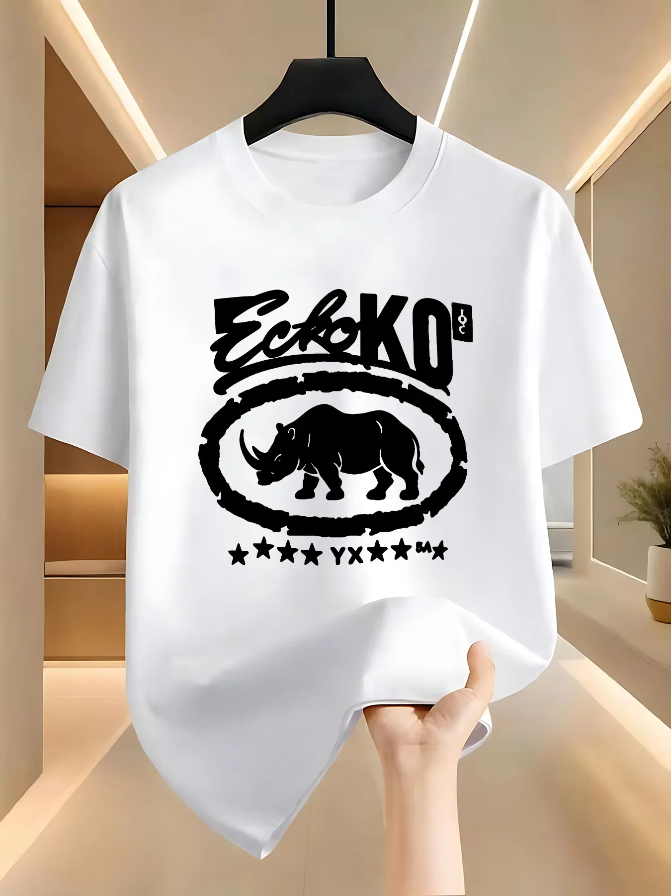 Men Ecko Oversize Drop Shoulder Distressed Cursive Rhino Tshirt Full Star Surround Print Loose Casual Street Short Sleeve