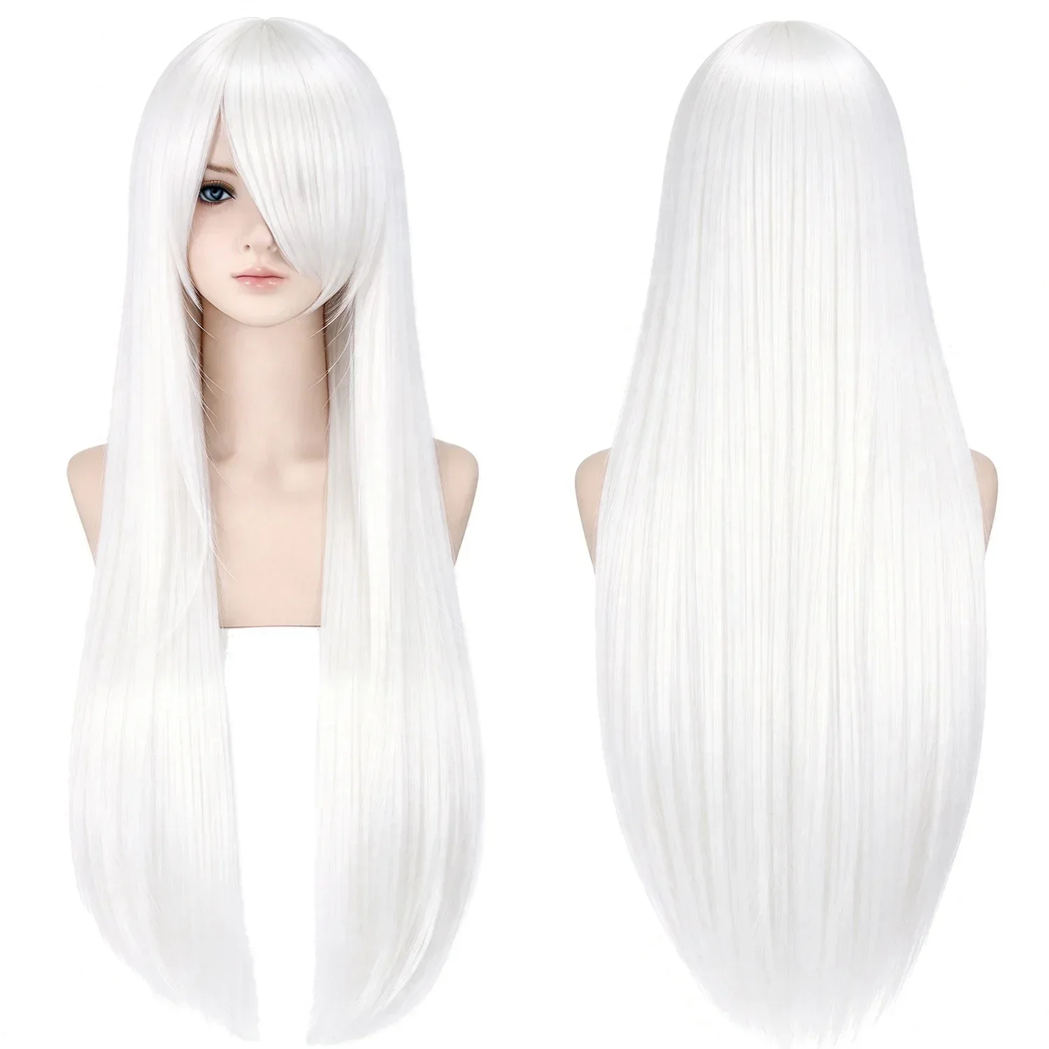 80cm Synthetic Hair Long Straight Cosplay Wig White Purple Red Pink Grey Lolita Hairpiece with Bangs Halloween Wigs for Women