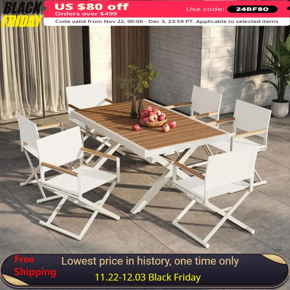 

7-Piece Outdoor Dining Set, 6 Extra-Wide Foldable Chairs & 1 Extendable Table, Wood Grain Tabletop, Mesh Patio Furniture Set