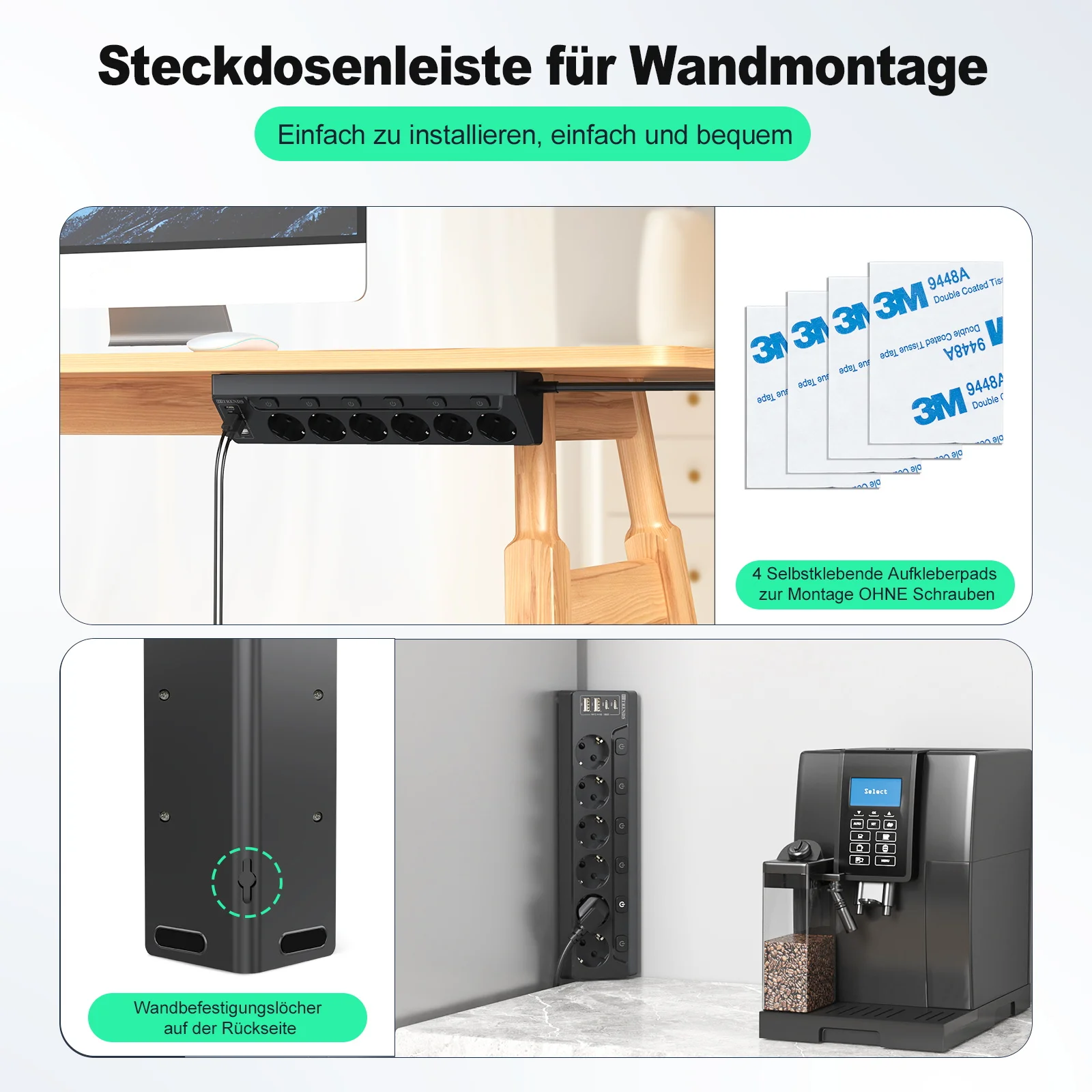 شريط طاقة بمقبس متعدد أوروبي 6 طرق مع 2 USB 2 Type C، مقبس زاوية متعدد الوظائف مع كابل 2 متر للطاولة المنزلية