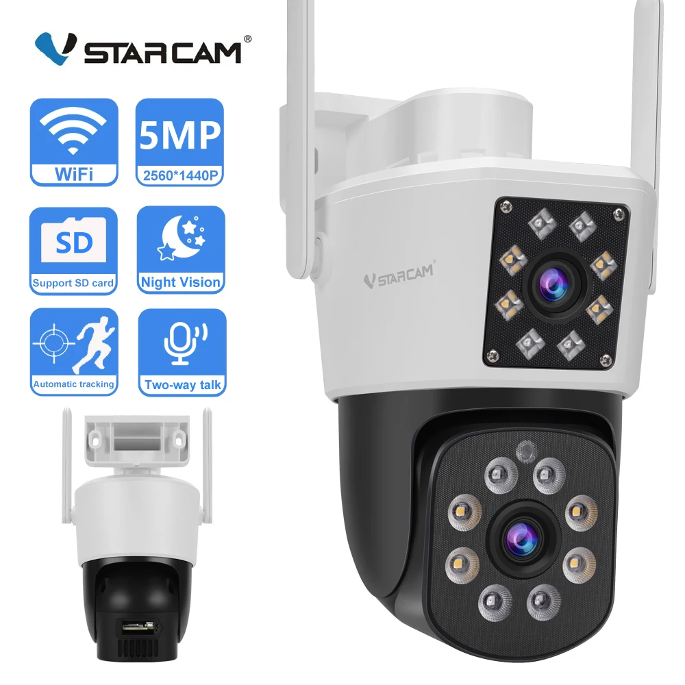 

Vstarcam 5MP Wi-Fi PTZ-камера с двумя объективами и двойным экраном ночного видения, наружное Wi-Fi наблюдение, домашняя безопасность, двусторонние аудиокамеры