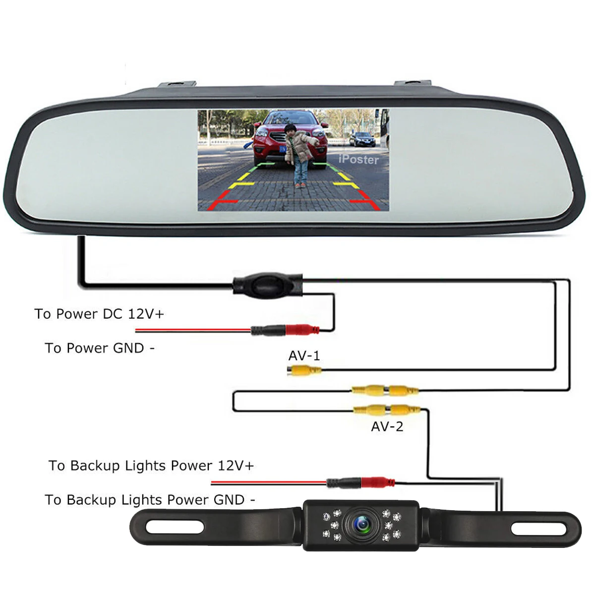 IPoster-Monitor de espejo de marcha atrás para coche, pantalla LCD de 4,3 ", cámara de respaldo de marcha atrás, sistema de estacionamiento de visión trasera, Kit impermeable de visión nocturna