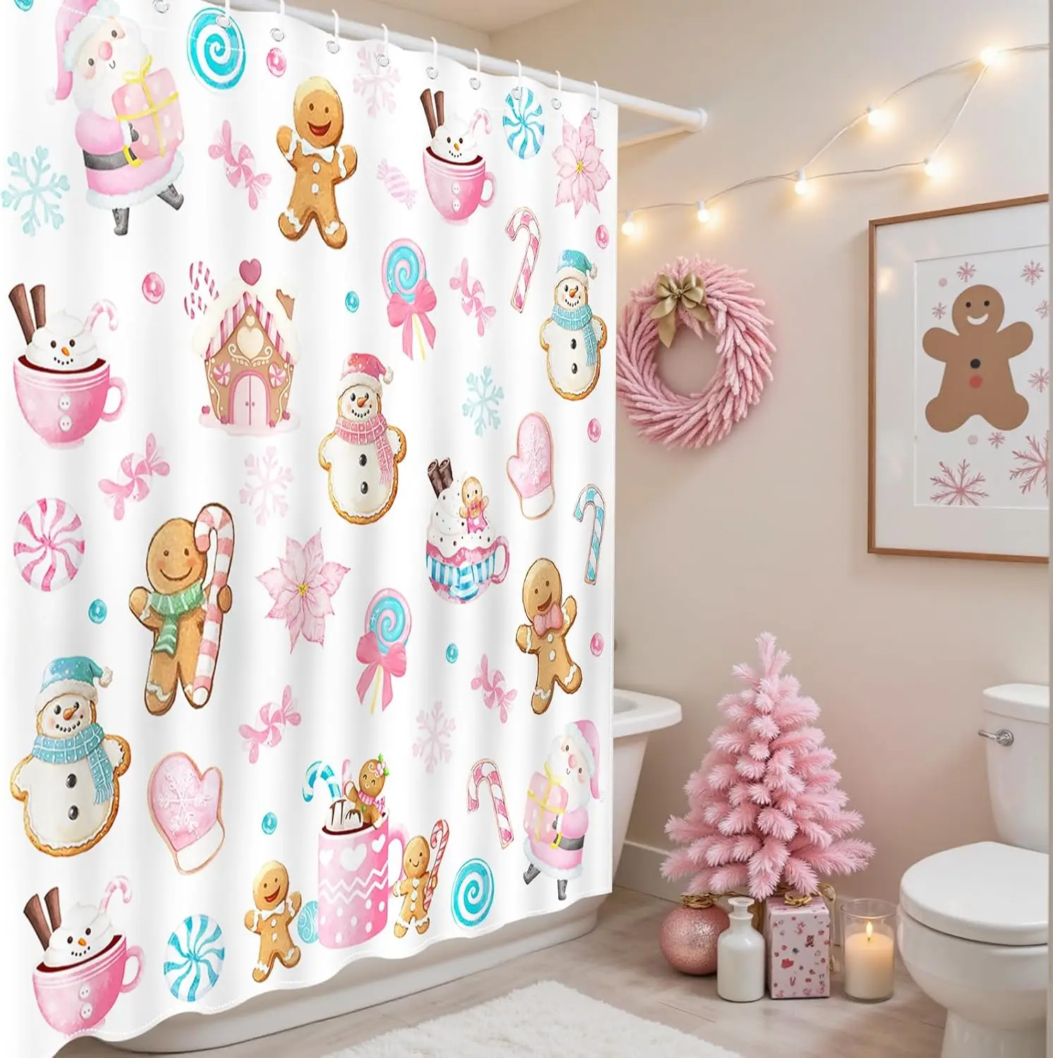 Christmas Shower Curtain Cute Xmas Snowman Gingerbread-Man Santa Claus Shower Curtain for Kids Christmas Bathroom  Waterproof