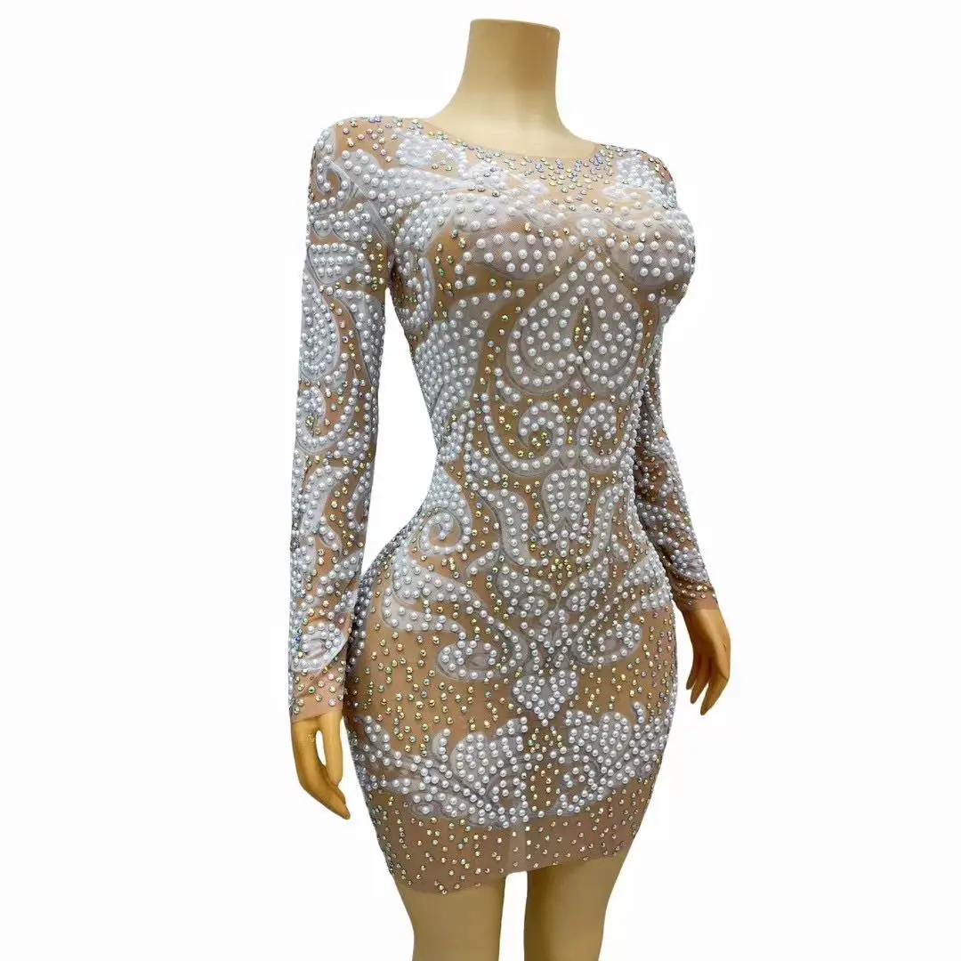 Sparkling Rhinestone Transparent Mesh Women Dress Sexy See Through Tight Fitting Photo Shoot Wear Party Celebration Show Outfit