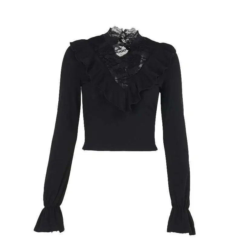 Goth Lace Spliced Ruffled Black T-shirt Women Y2k Aesthetic Slim Fit Waist Crop Top Autumn Flared Sleeve Tees Harajuku