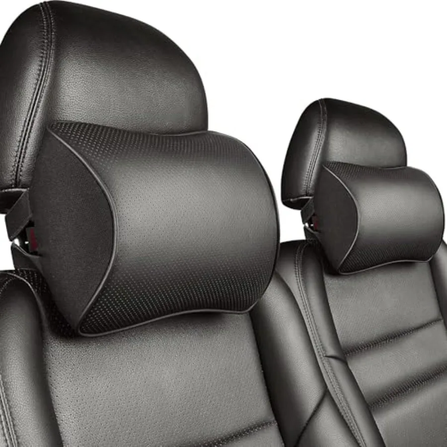 

Car Headrest Pillow with Genuine Leather Cover Memory Foam Neck Cushion with 4 Extension Straps Adjuatable and Comfortable for