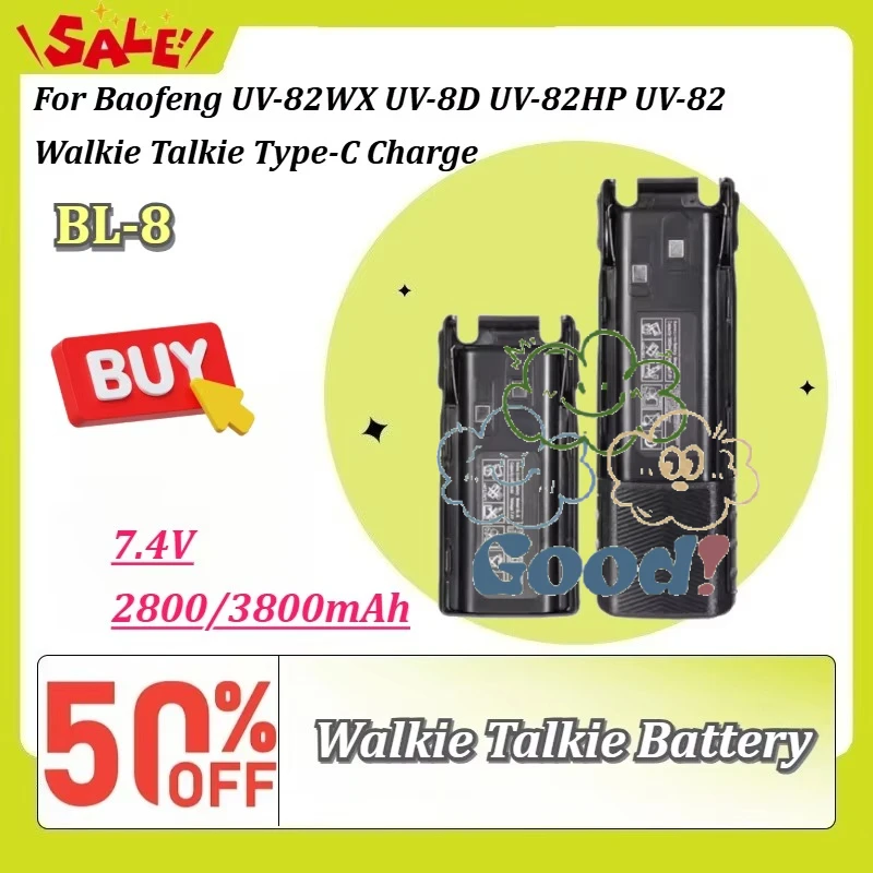 New BL-8 7.4V 2800/3800mAh Rechargeable Li-ion Battery For Baofeng UV-82WX UV-8D UV-82HP UV-82 Walkie Talkie Type-C Charge