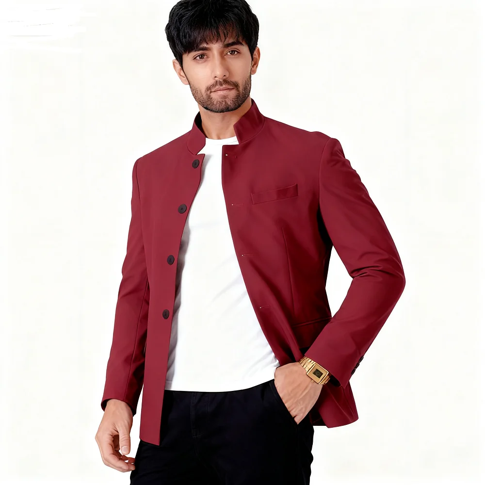 سترة رجالية عالية الجودة بلون سادة وياقة واقفة وزر واحد كاجوال بقصة ضيقة للرجال