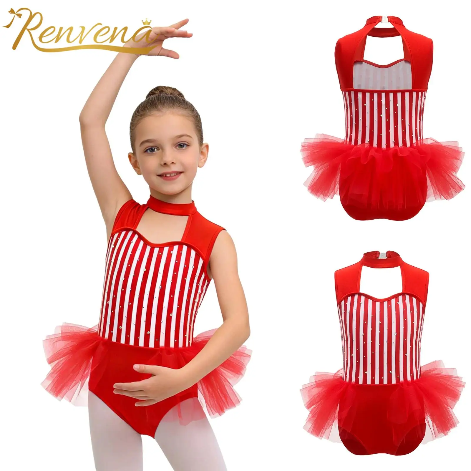 Children Ballet Dance Leotard Striped Mesh Ruffled Bodysuit Girls Circus Ringmaster Costume Jumpsuit Gymnastics Skating Outfit