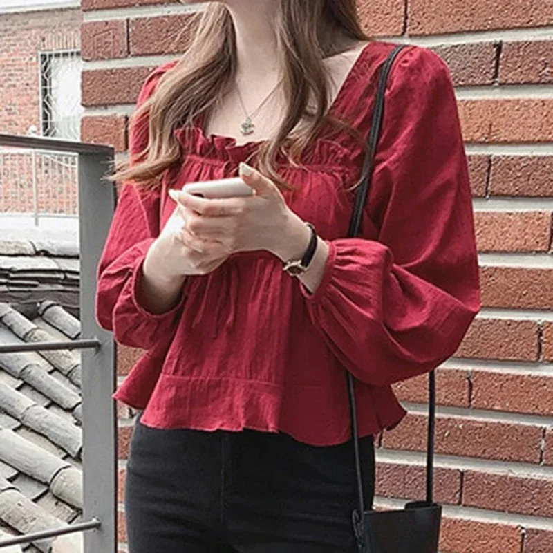 Sweet Linen Cotton Shirt Casual Square Collar White Blouse Korean Style Long Sleeve Tops Fashion Soft Clothes Blusas Femme 11700