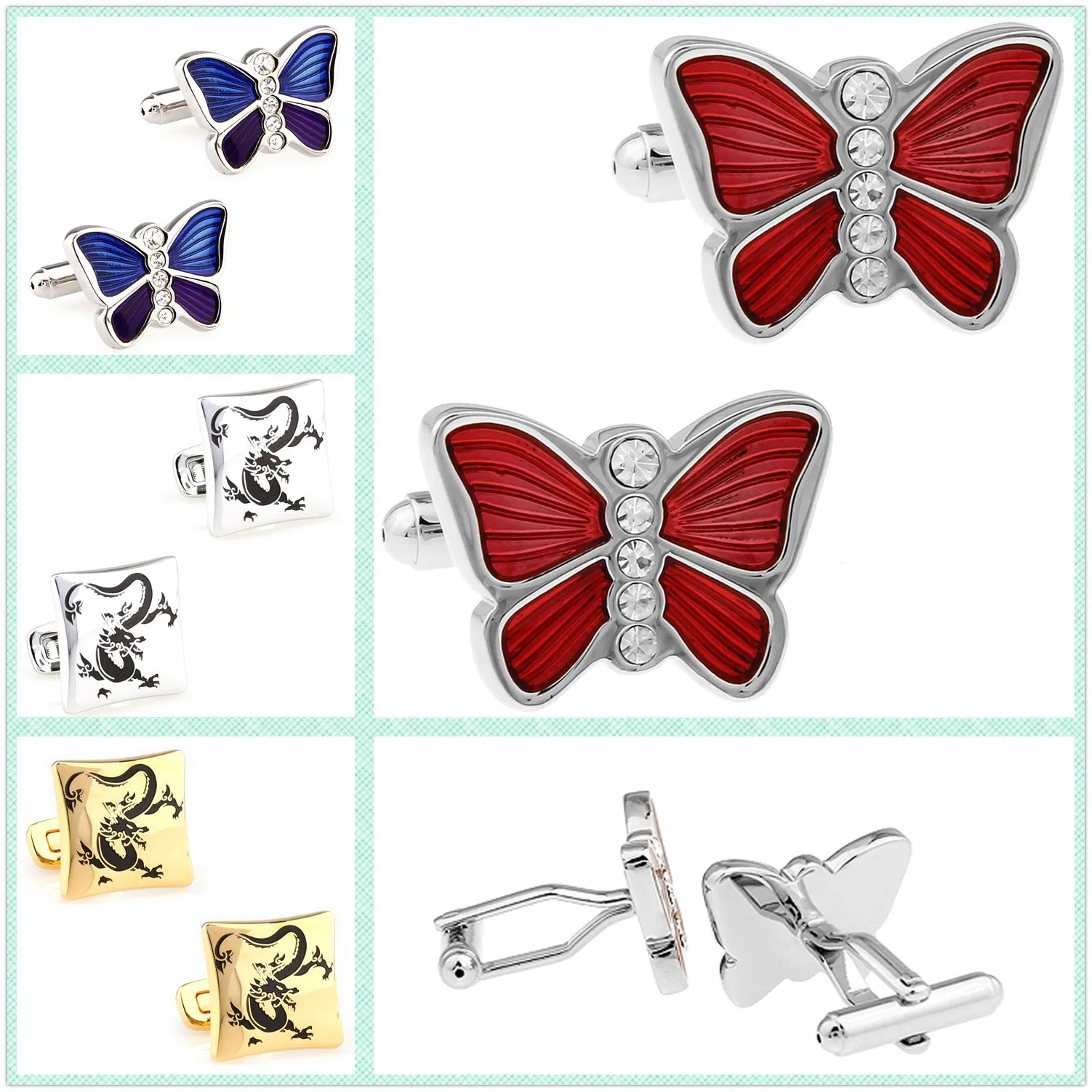 

4 Models Wholesale Fashion Animal Cufflinks Men Cuff Links Dragon Butterfly 50 Pairs