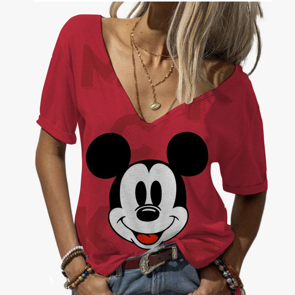 

Новые женские летние футболки с принтом Микки Мауса Диснея, топ y2k, футболка, женский пуловер с v-образным вырезом и короткими рукавами, уличная футболка