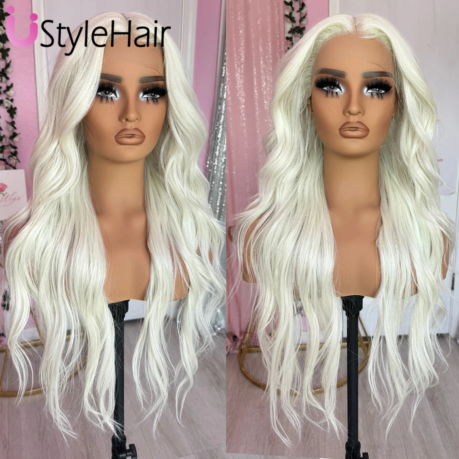 Wig sintetik renda depan Platinum Wig berombak panjang alami pirang tampak alami Wig untuk penggunaan sehari-hari tahan panas rambut Cosplay pesta