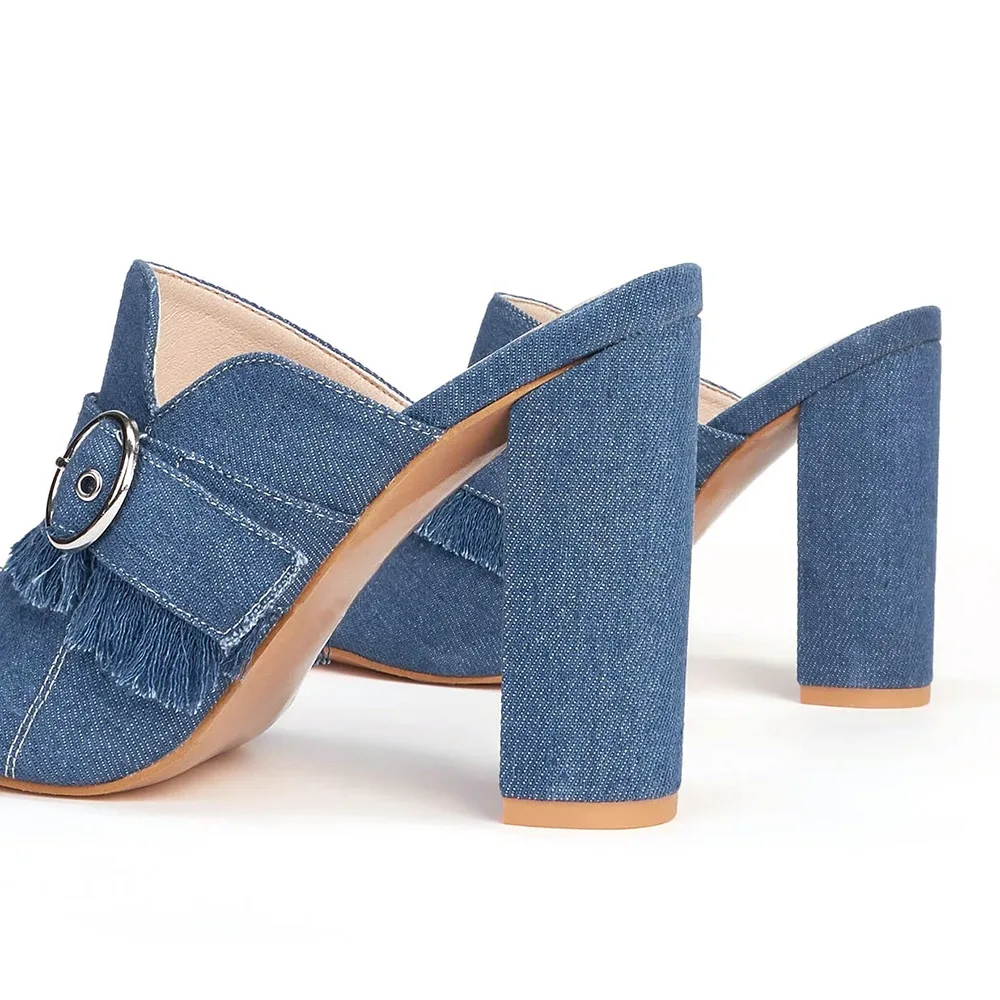 Sandalias elegantes para mujer, zapatos de tacón alto con punta abierta azul Demin, calzado informal para primavera y verano, tacón de bloque personalizado