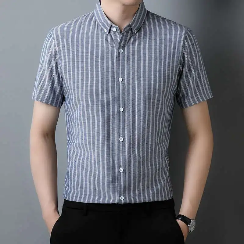 

Blue And White Striped Men's Summer irt Thin ort-Sved Casual Ice Sensation Striped Design for ly Commute Sle