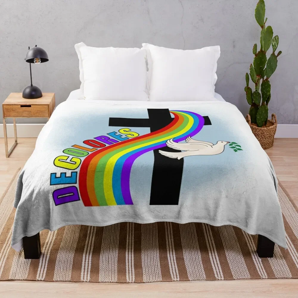 DeColores Cursillo Rainbow With Cross and Peace Dove (White) Throw Blanket Fluffy Shaggy Thermals For Travel Tourist Blankets