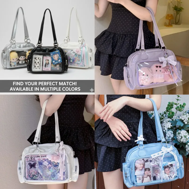 

Gothic Tote Bag Vintage Y2K Itabag Transparent Badge Doll Display Bag High Capacity Shoulder Handheld Commuter Tote Girls New