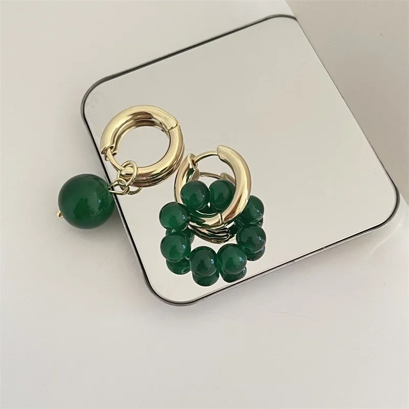 Vintage Green Malachite Beaded Asymmetric Hoops Earring Stainless Steel Huggie Hoop Earrings For Women Jewelry