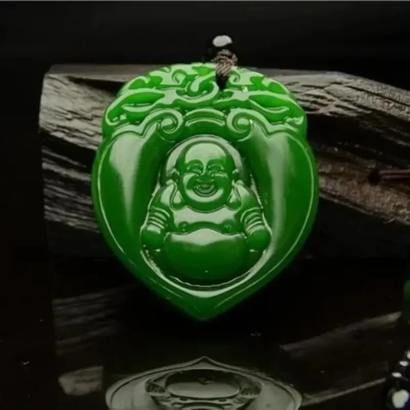 Natural Jade Green Hand Carved Love Laughing Buddha Pendant Fashion Boutique Jewelry Men and Women Necklace Gift Accessories