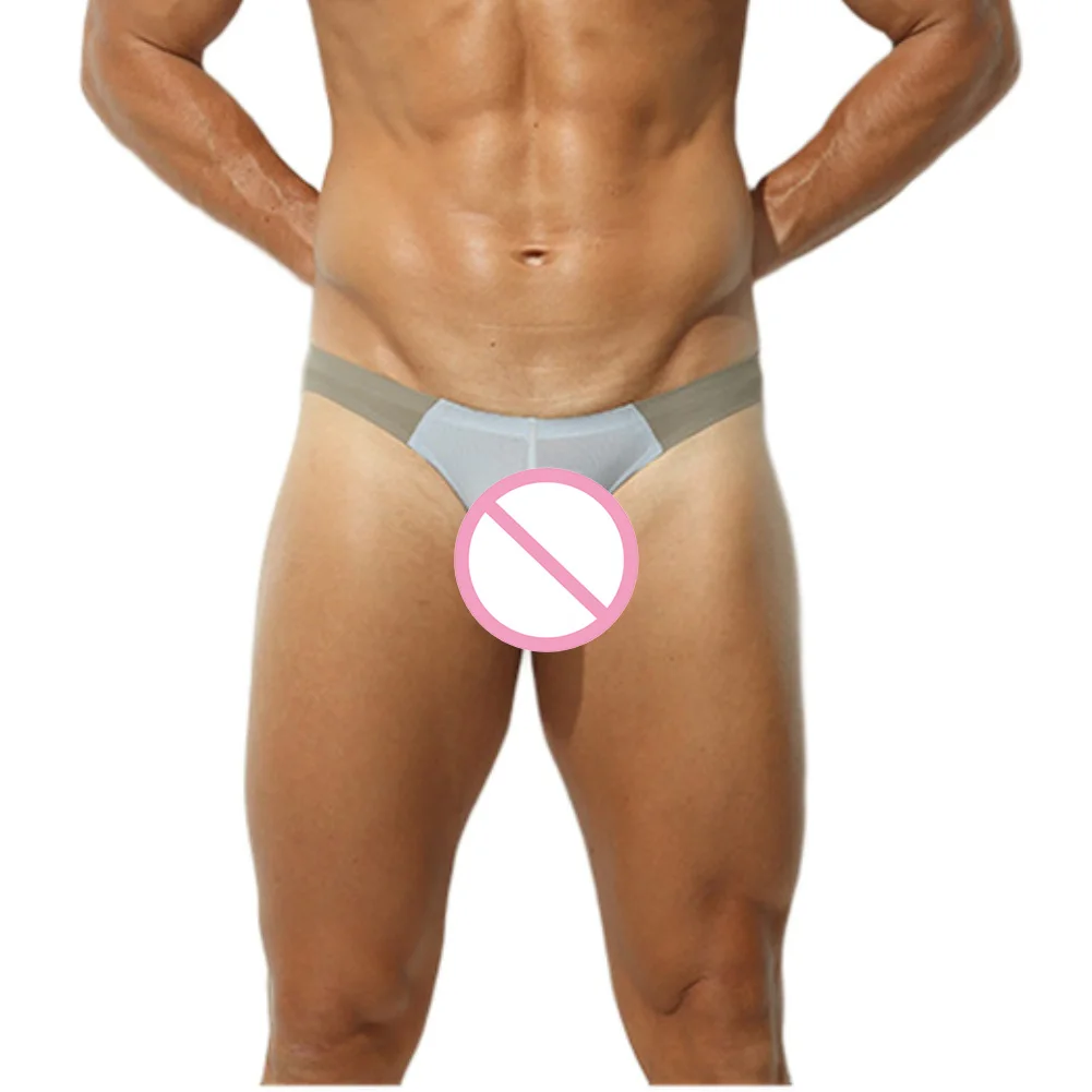 Fashion Contrast Color Mens Ice Silk Thongs Underwear Low-Waist Sheer Bulge Pouch Briefs Sexy Sissy Lingerie G-strings