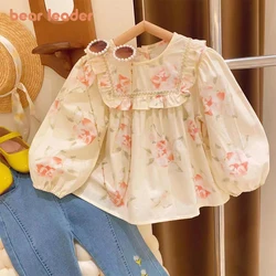 Bear Leader Girls' Top 2023 New Girls' Cute Round Neck Flower Print Ruffle Edge Long Sleeve Shirt Children's Sweet Casual Shirt