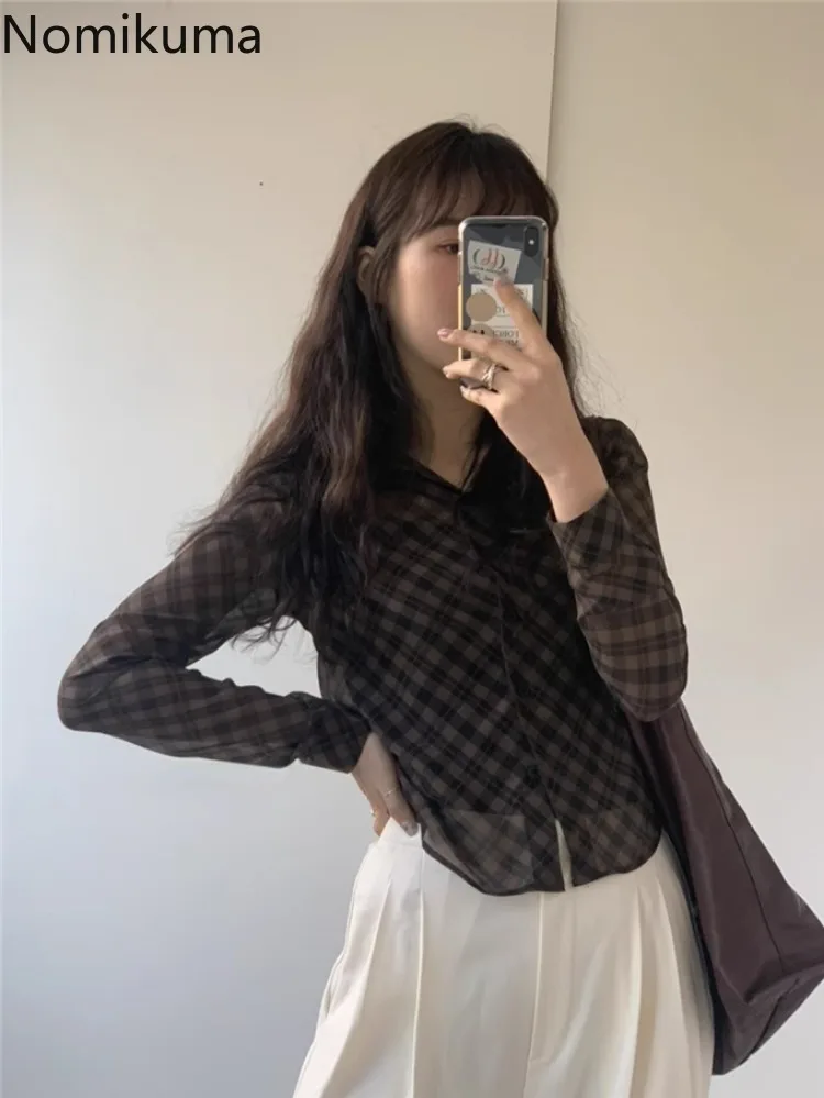 2024 Camisas Mujer De Moda Long Sleeve Korean Blouse Women Vintage Chic Plaid Casual Shirts See Through Sexy Tunic Blouses Tops