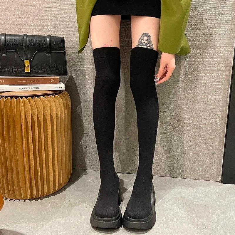 Middle Heel Women's Long Boots Elastic Ladies Knee High Shaft Shoes Sock Quality Spring Autumn Chic and Elegant Pu Hot 2024 New