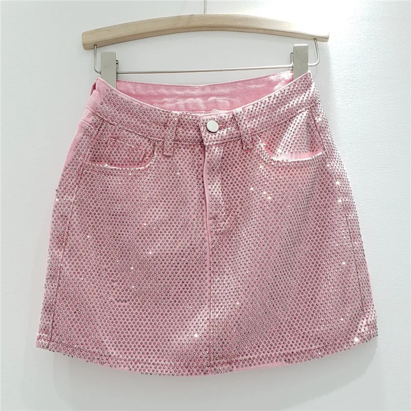 2024 New Summer Fashion Full Diamonds Hot Drilling Women Denim Skirt High Waist Wrap Buttocks Short A-line Lady Mini Skirts