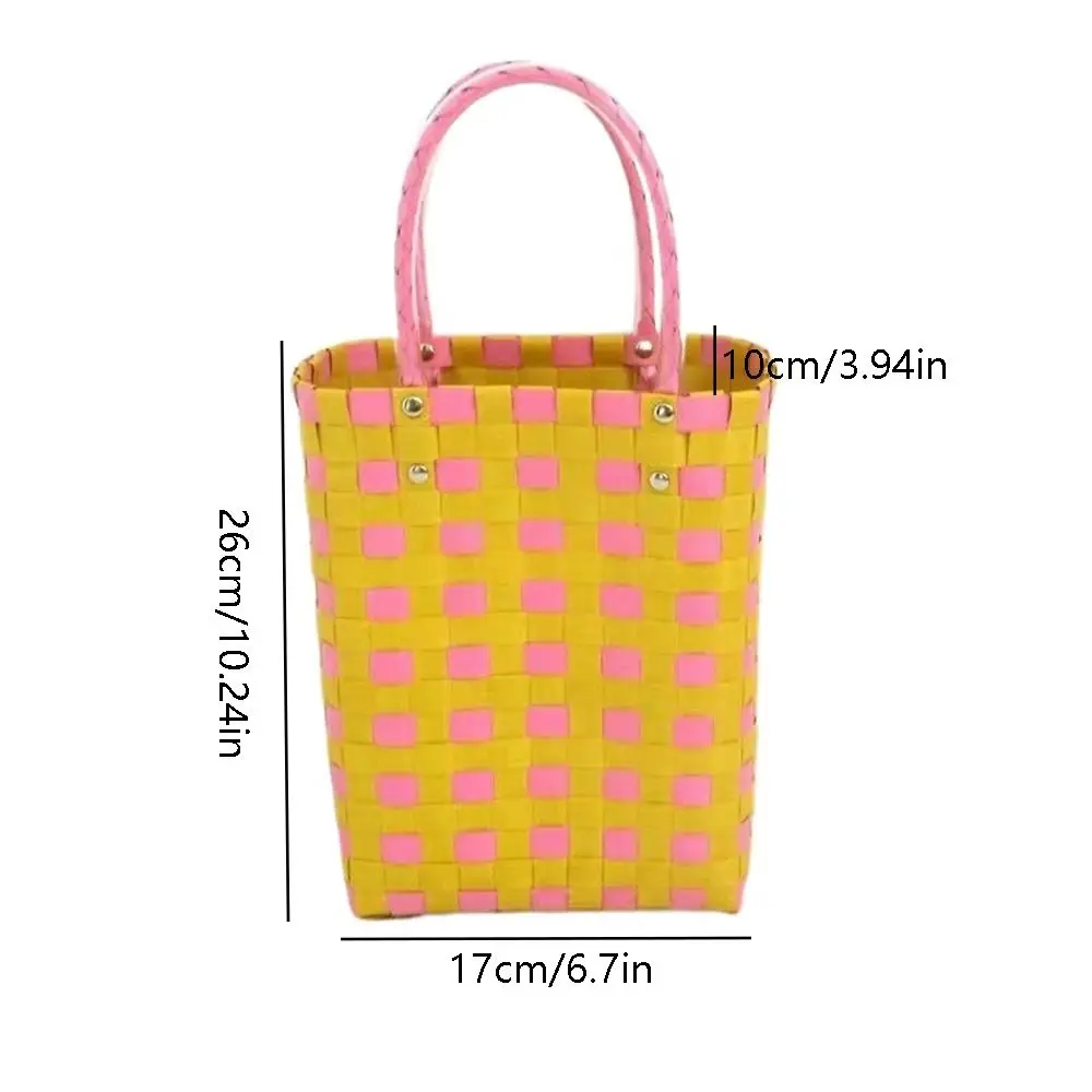 Retro Colorful Woven Tote Bag Patchwork Striped Large Capacity Shopping Tote Basket PVC with Handle Wicker Beach Bag Vegetable