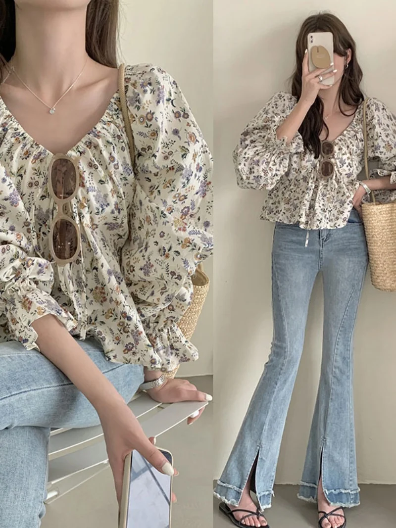 Top F Floral de Um Ombro com Cordão e Manga Longa, Design Curto, Estilo Coreano, Ajuste Solto e E para a Primavera