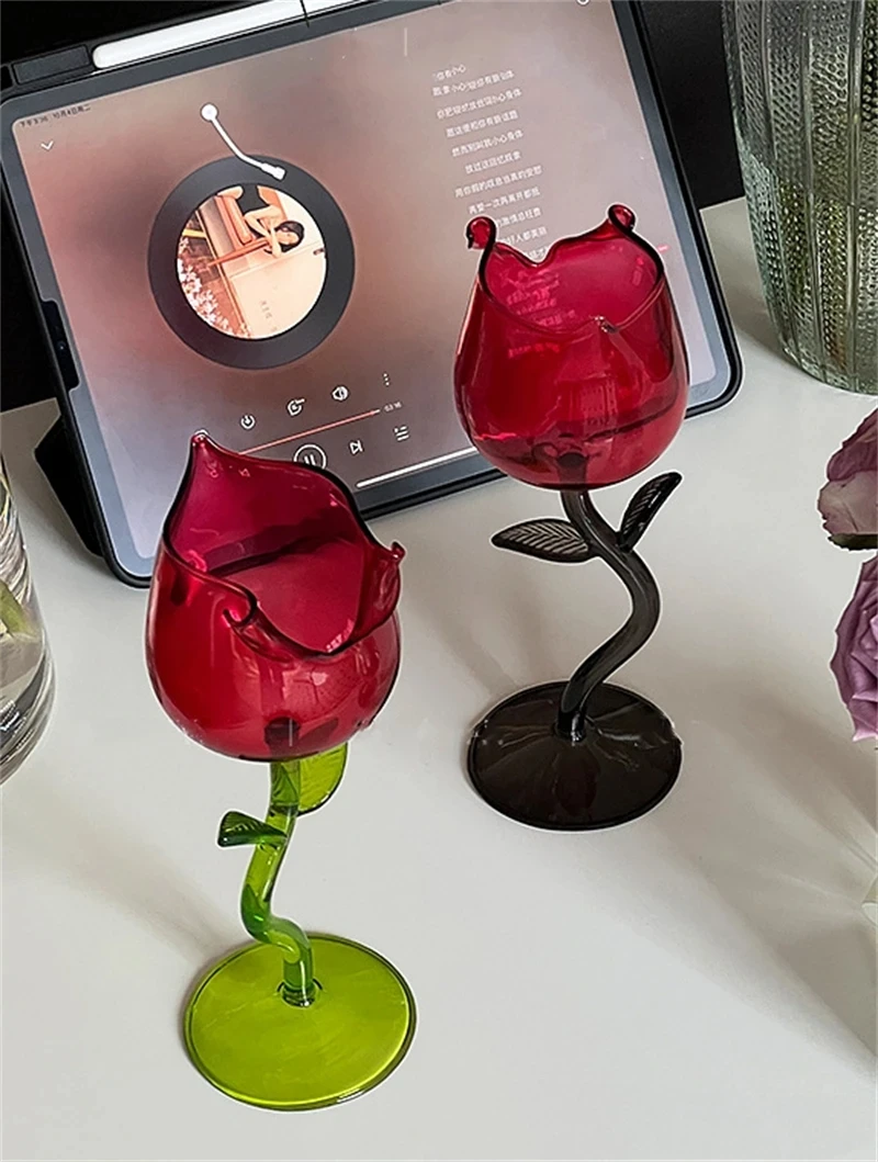 Rose Shape Transparent Glass with Transparent Leaf Cocktail Glass Valentine's Wedding Table Decoration Gift Wine Cup