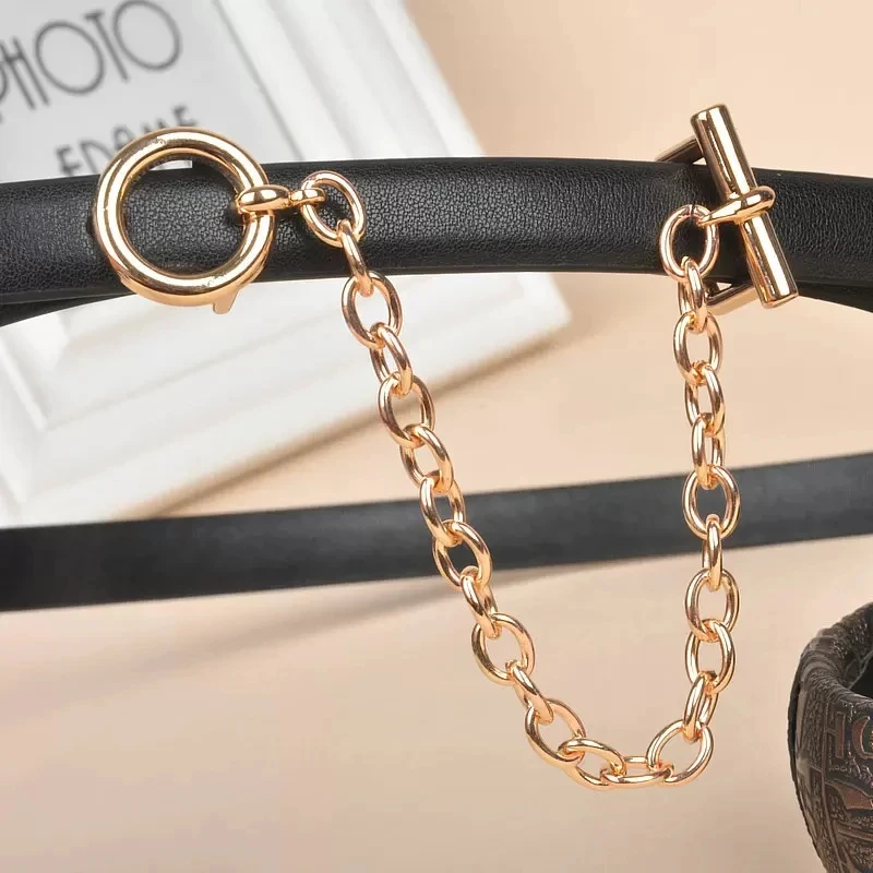 Luxury Women slim Belt with Round Buckle Metal Chain Genuine Leather Waist Belt Chain Black Decorative for Jeans Skirt Adjust