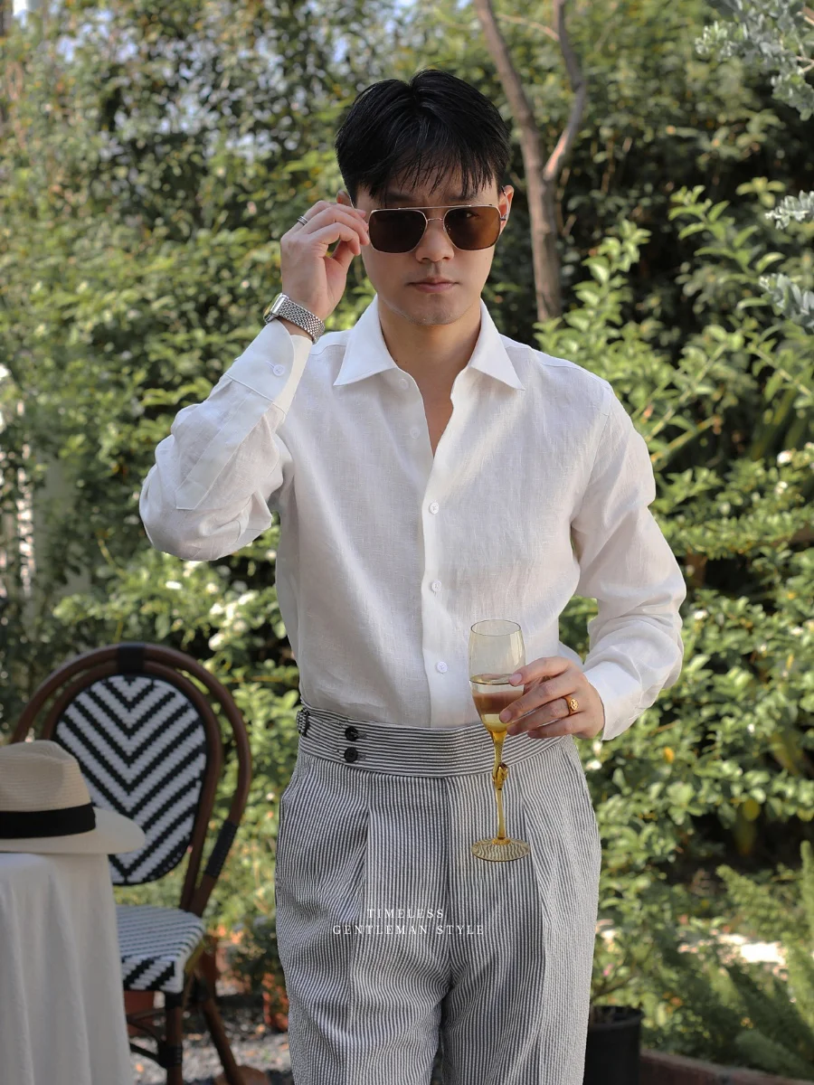 

Elegant Gentleman Linen Shirt British Casual Vacation Breathable Slim Fit Linen Shirt Fashionable Urban All-Season Long Sleeve