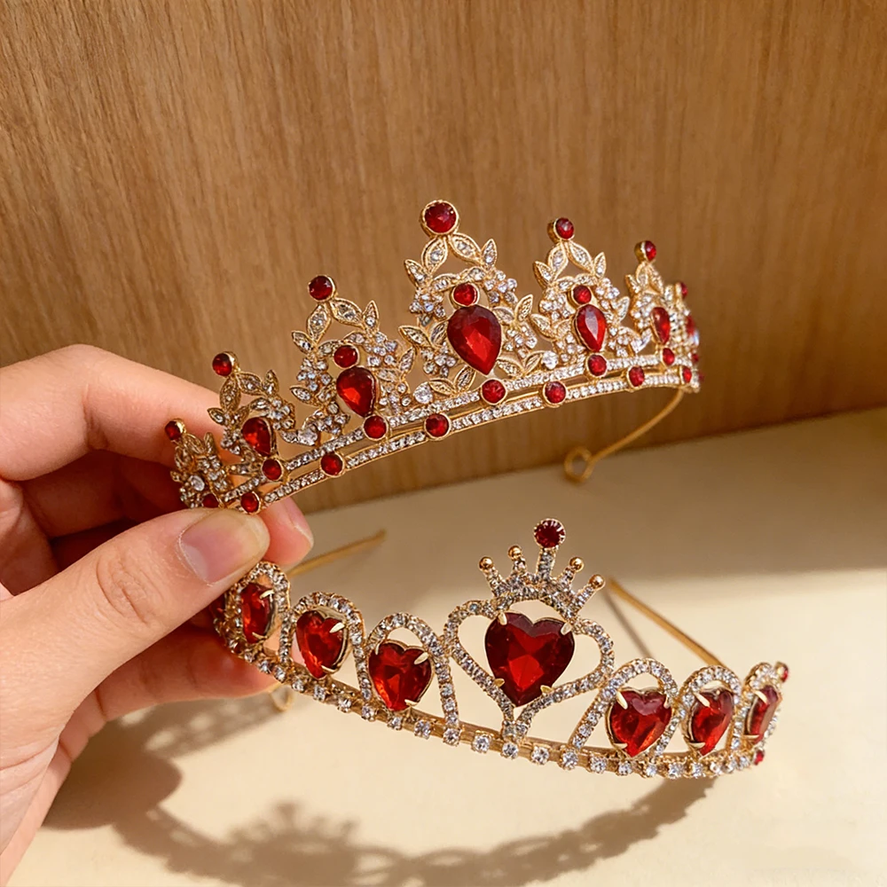2pcs Red Heart Red Treasure Gilded Crown Water Diamond Luxury Hair Crown Sweet Cool Princess Style Banquet Ball Children Styling view 3