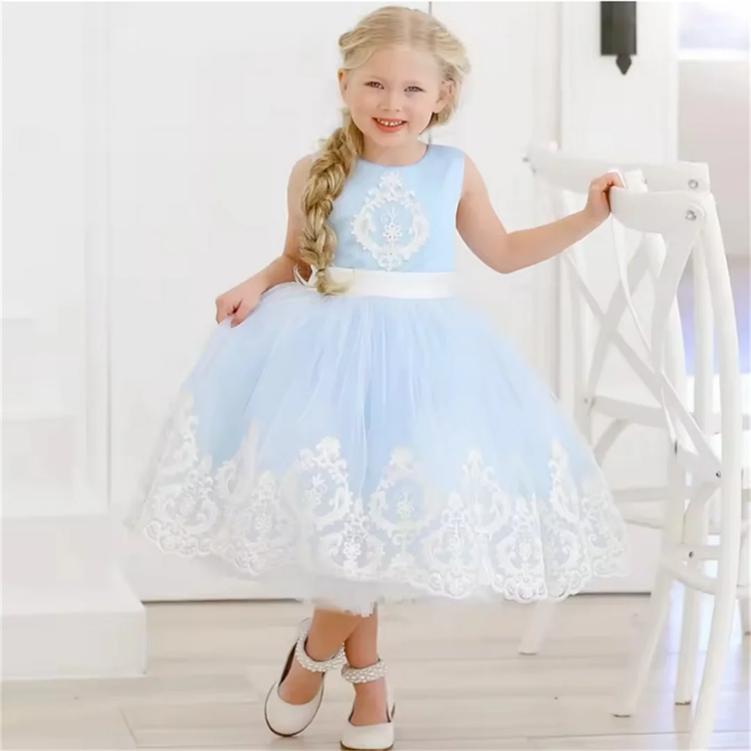 

Customized Sky Blue Flower Girl Dress White Floral Appliques With Bow Sleeveless For Wedding Birthday Prom Holy Communion Gown