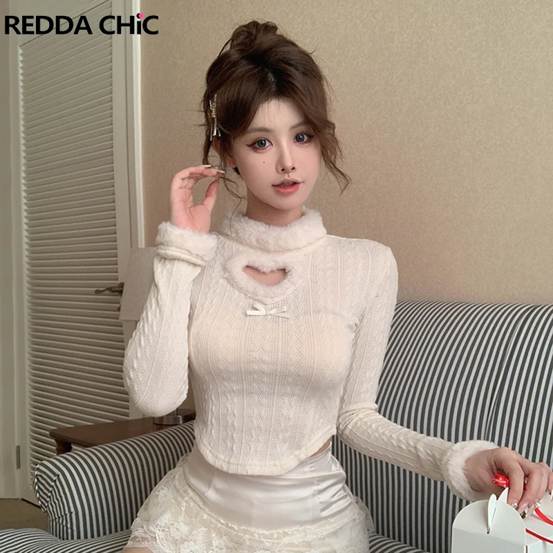 

ReddaChic Sweet Heart Вязаная футболка с бантом в полоску Тонкий свитер Y2K Укороченный топ с мехом Футболки с длинными рукавами Kawaii Shoujo