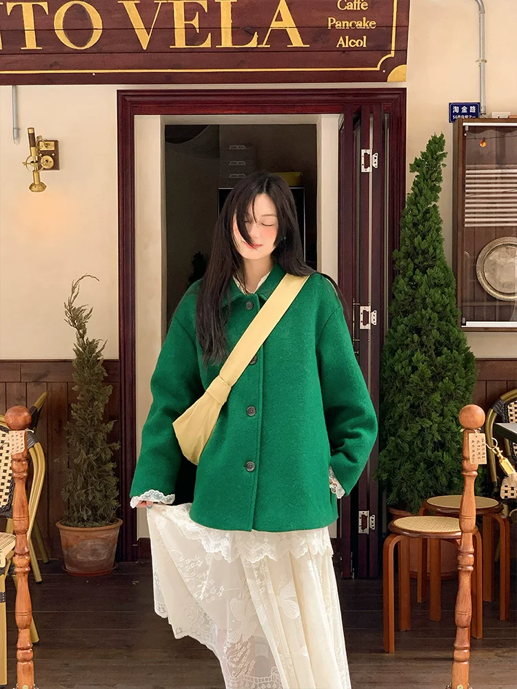 Autumn Winter Women England Vintage Elegant Green Woolen Overcoats