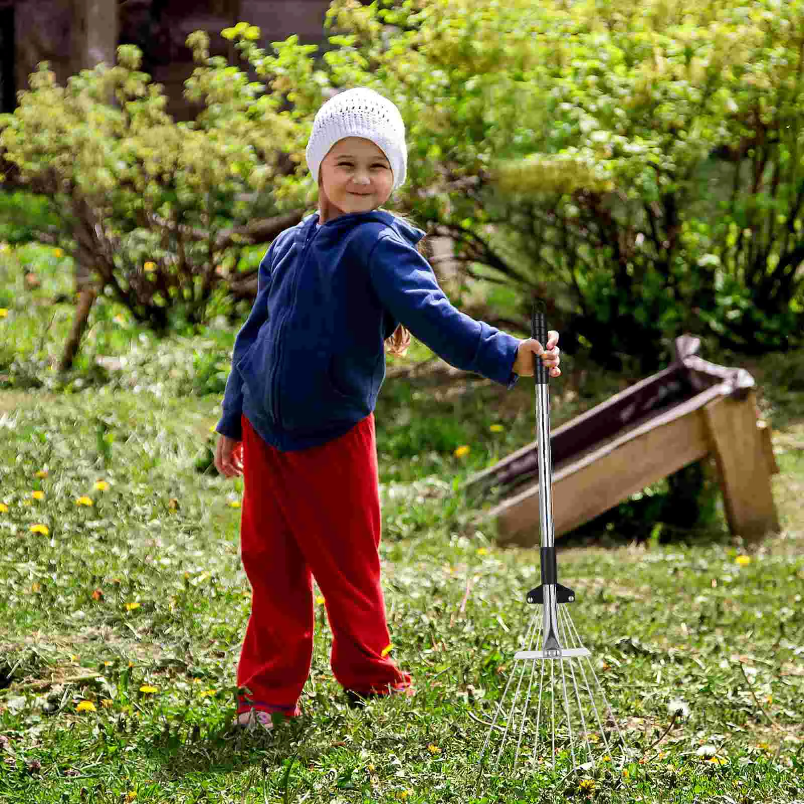 Telescopic Leaf Rake Aluminum Alloy Handle Retractable Gardening Tool for Cleaning Leaves Grass Clippings Stainless