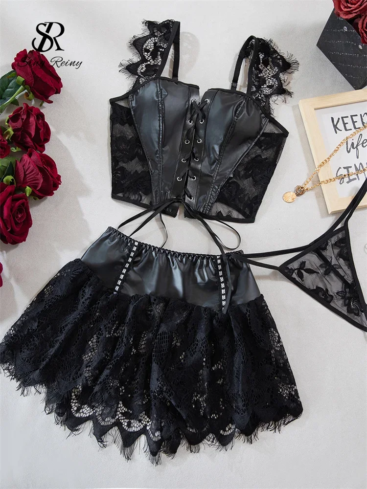 

SINGREINY PU Leather Lace Patchwork Sets Women Sheath Bandage Tops+Short Skirt 2025 Fashion Slim Sexy Night Club Party Suits