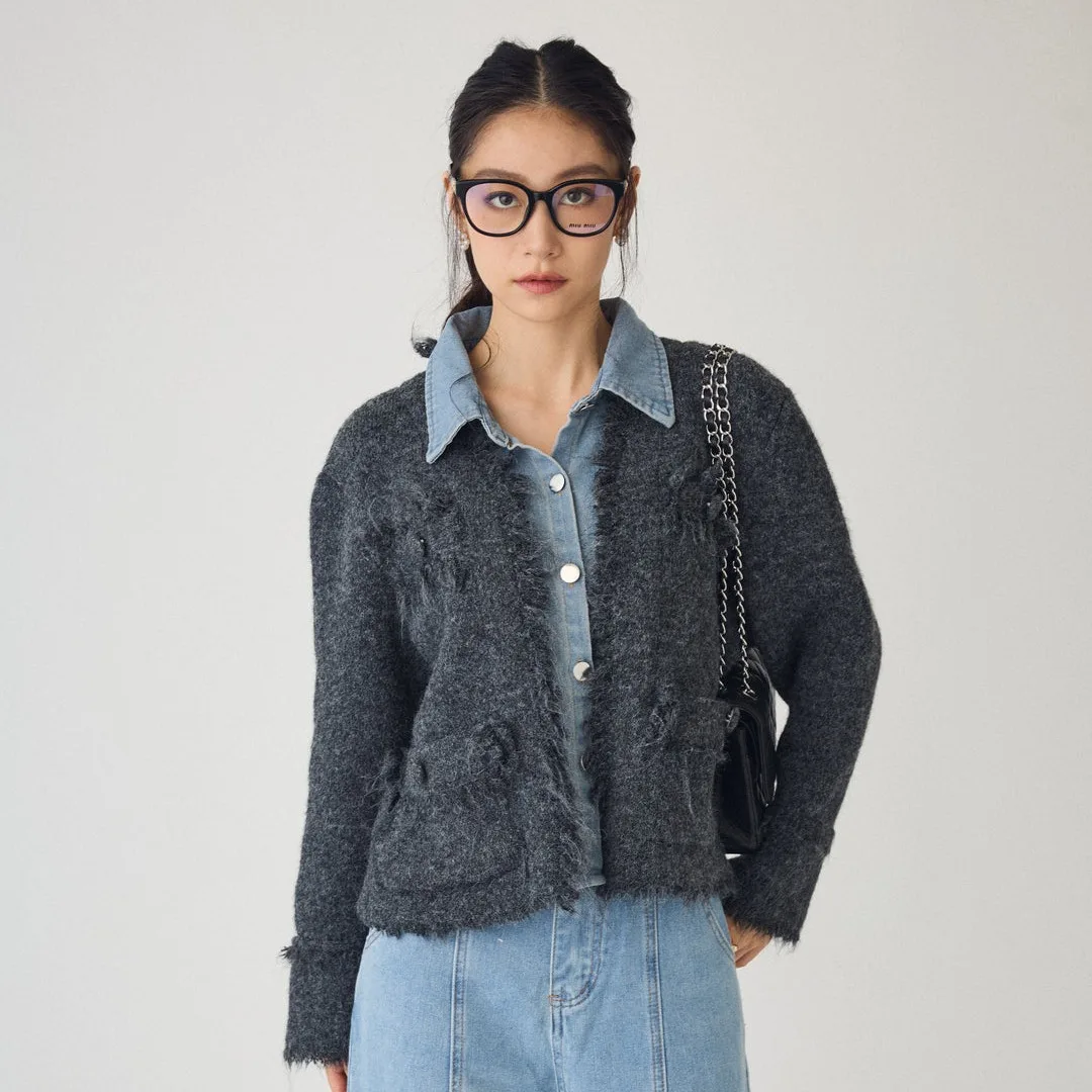 

Женский джинсовый лоскутный свитер с кисточками, искусственный двухсекционный свитер, новинка 2025 года, короткий вязаный кардиган на пуговицах с круглым вырезом, верхняя одежда, топы