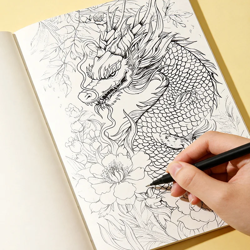 A Hand Drawn Coloring Book To Relieve Anxiety and Calm Down, Mermaid/dragon/elf/wave/mandala Fine Line Draft Coloring Book