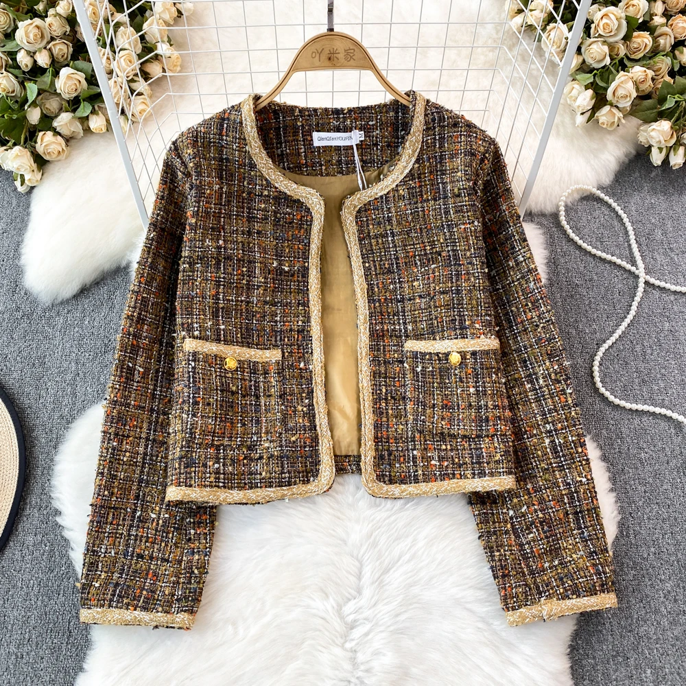 

2023 New Autumn/Winter Women's Coat Contrast Round Neck Long Sleeve Double Pockets Jacket Casual Fashion Commuter Cardigan Tide