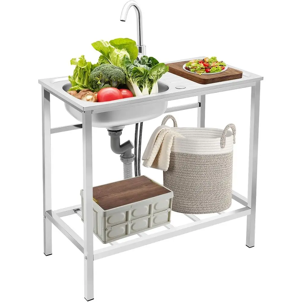 

Outdoor Stainless Steel Single Bowl Utility Sink with Hose Hookup, Storage Shelf, Ideal for Backyard, Restaurant, Kitchen Use