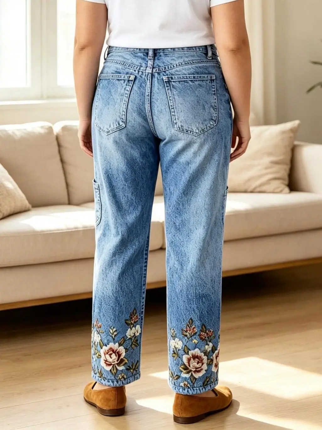 【HME】Jeans | Women Square Patch Pocket Wide Leg Denim Pants, High Waist Relaxed Fit Denim Jeans, Light Blue Gradient Wash, Horizontal Whiskering Detail, Draped Soft Fabric Casual Pants For Spring Summer Daily Outfits