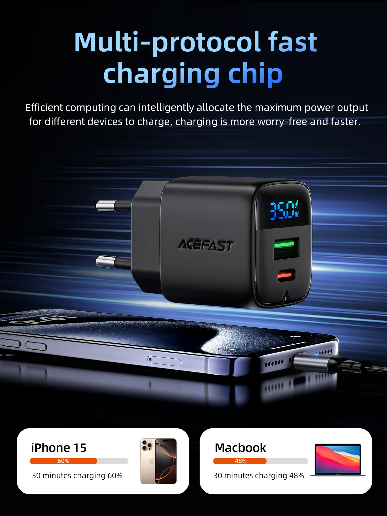 ACEFAST GaN 35W Schnellladegerät mit USB-C-Anschluss für Samsung S25 S24 PD QC Schnellladewandadapter mit LED-Digitalanzeige – Detail 5