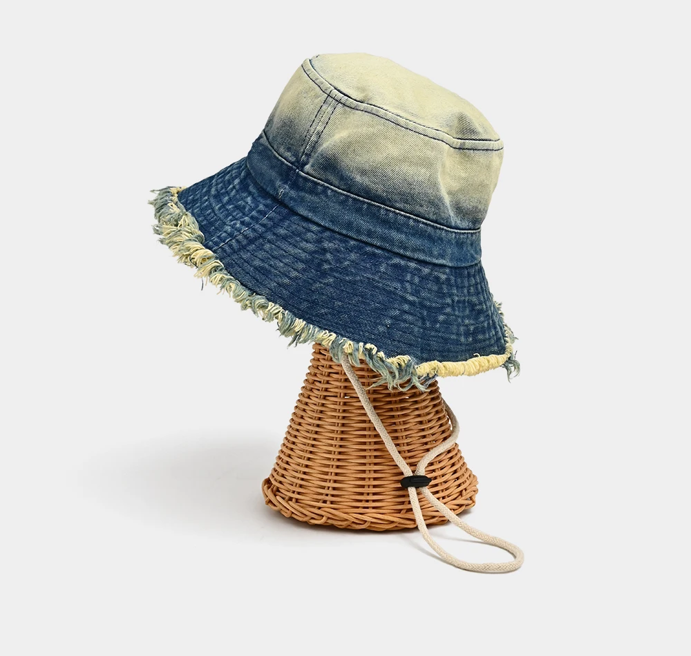 

Women's Vintage Washed Denim Bucket Hat - Retro Fisherman Cap with Tassel Brim for Men Unisex Spring/Autumn Outdoor Fashion New