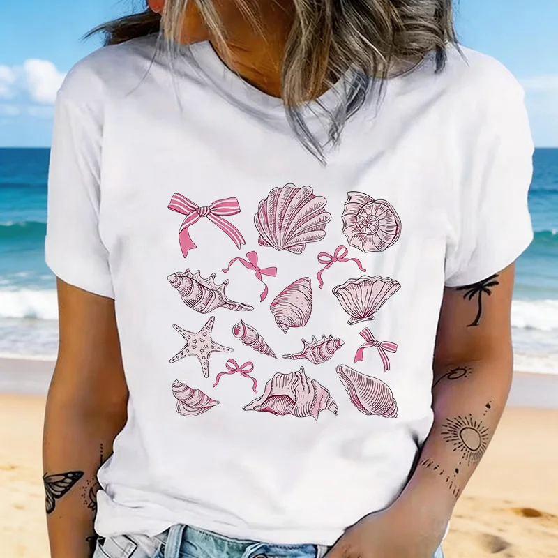 Damen-T-Shirt mit Muschel- und Meerestiermuster, Rundhalsausschnitt, kurzärmelig, Frühling, Sommer, koreanischer Stil, T-Shirts, Tops für Damen